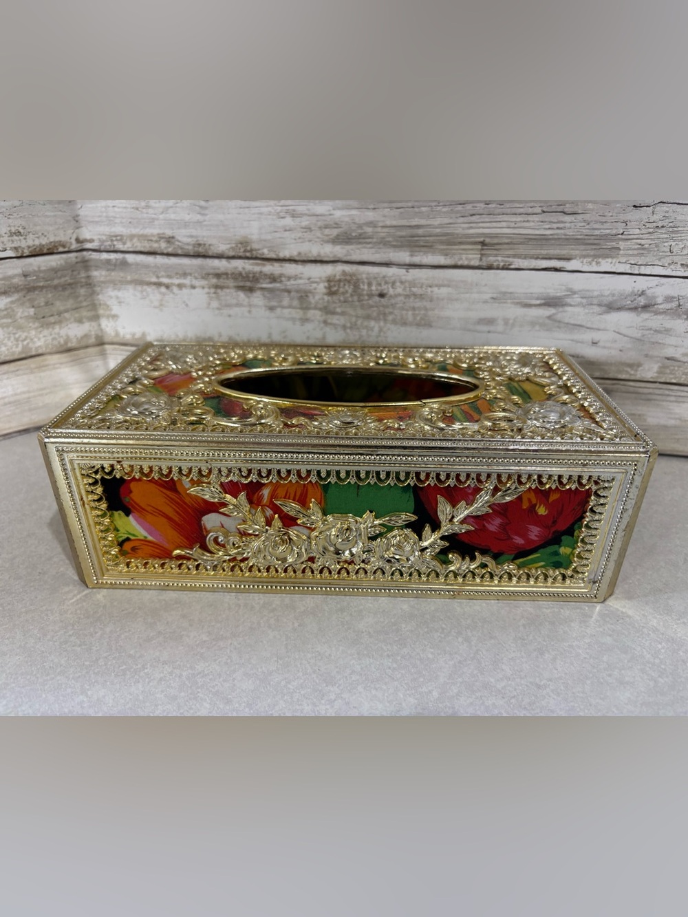 Vintage gold tone fancy Hollywood regency MCM plastic tissue Kleenex cover
